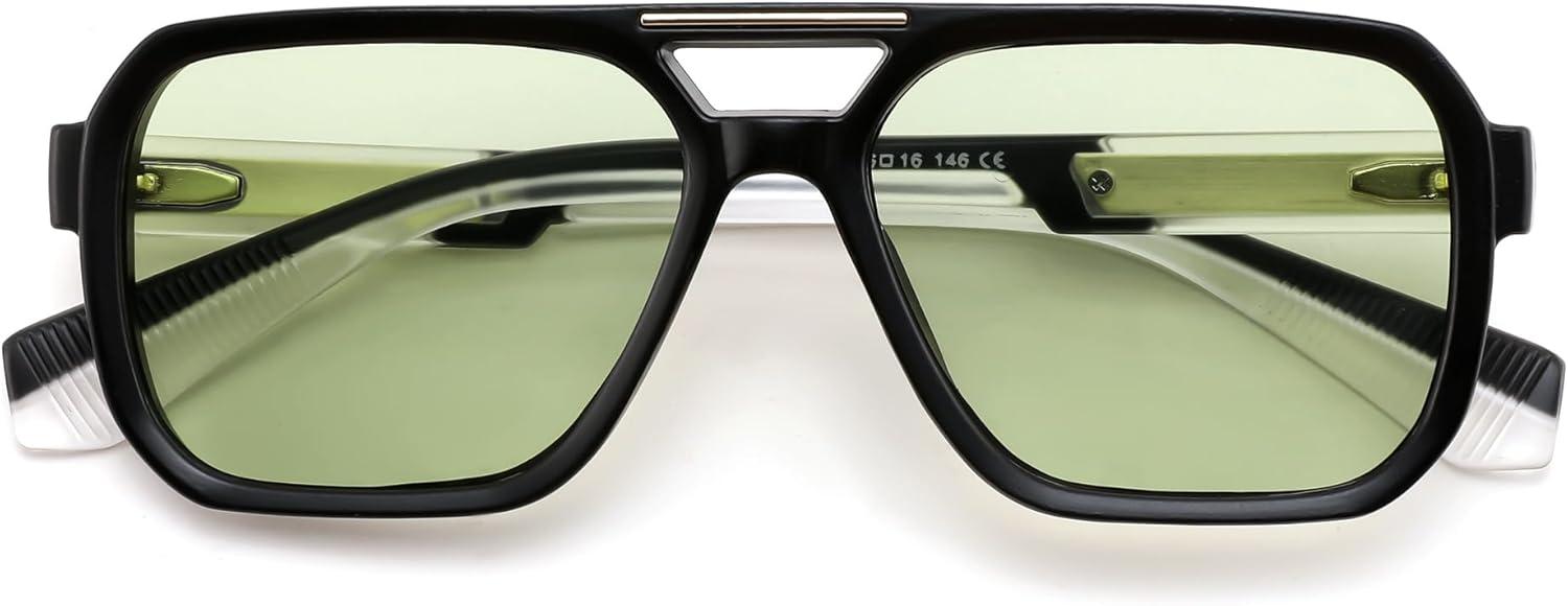 image:imageFEISEDY Retro Aviator Sunglasses for Men WomenTrendy Rectangle 70s Vintage Square Shades Large Pilot Sun Glasses B0390BlackGreen