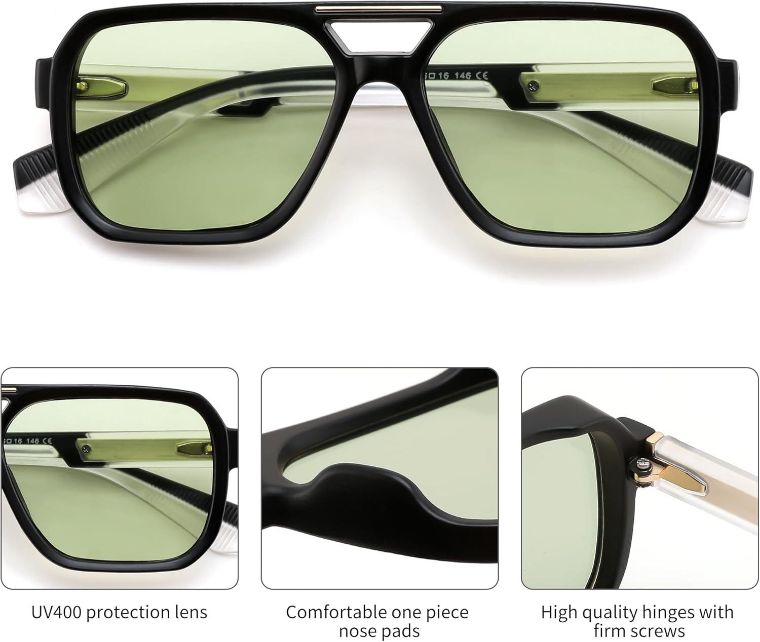 image:imageFEISEDY Retro Aviator Sunglasses for Men WomenTrendy Rectangle 70s Vintage Square Shades Large Pilot Sun Glasses B0390BlackGreen