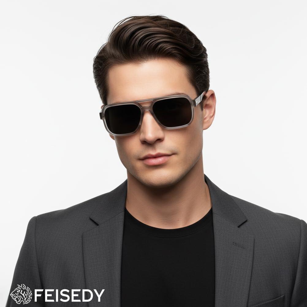 image:imageFEISEDY Retro Aviator Sunglasses for Men WomenTrendy Rectangle 70s Vintage Square Shades Large Pilot Sun Glasses B0390Grey