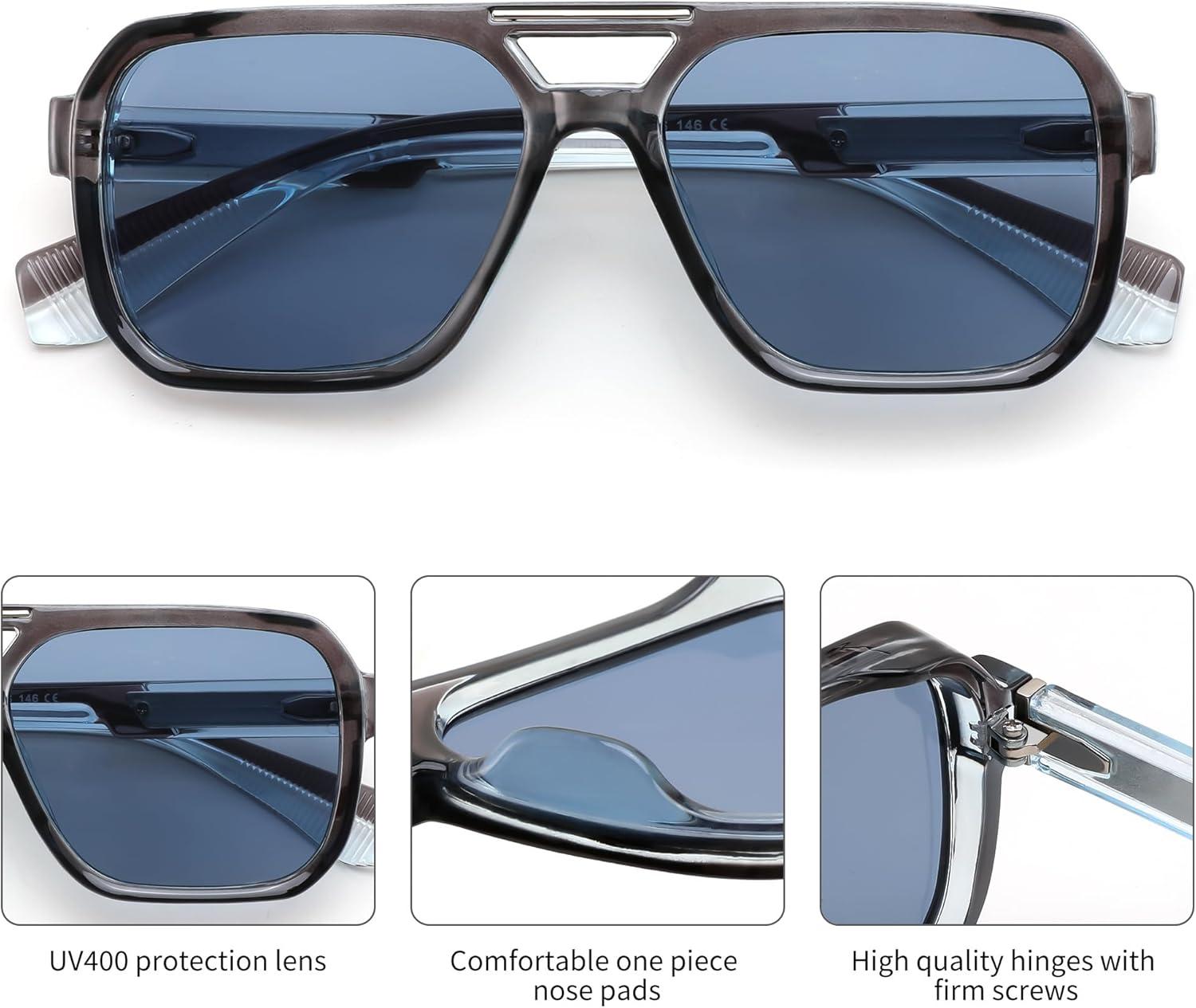 image:imageFEISEDY Retro Aviator Sunglasses for Men WomenTrendy Rectangle 70s Vintage Square Shades Large Pilot Sun Glasses B0390GreyBlue