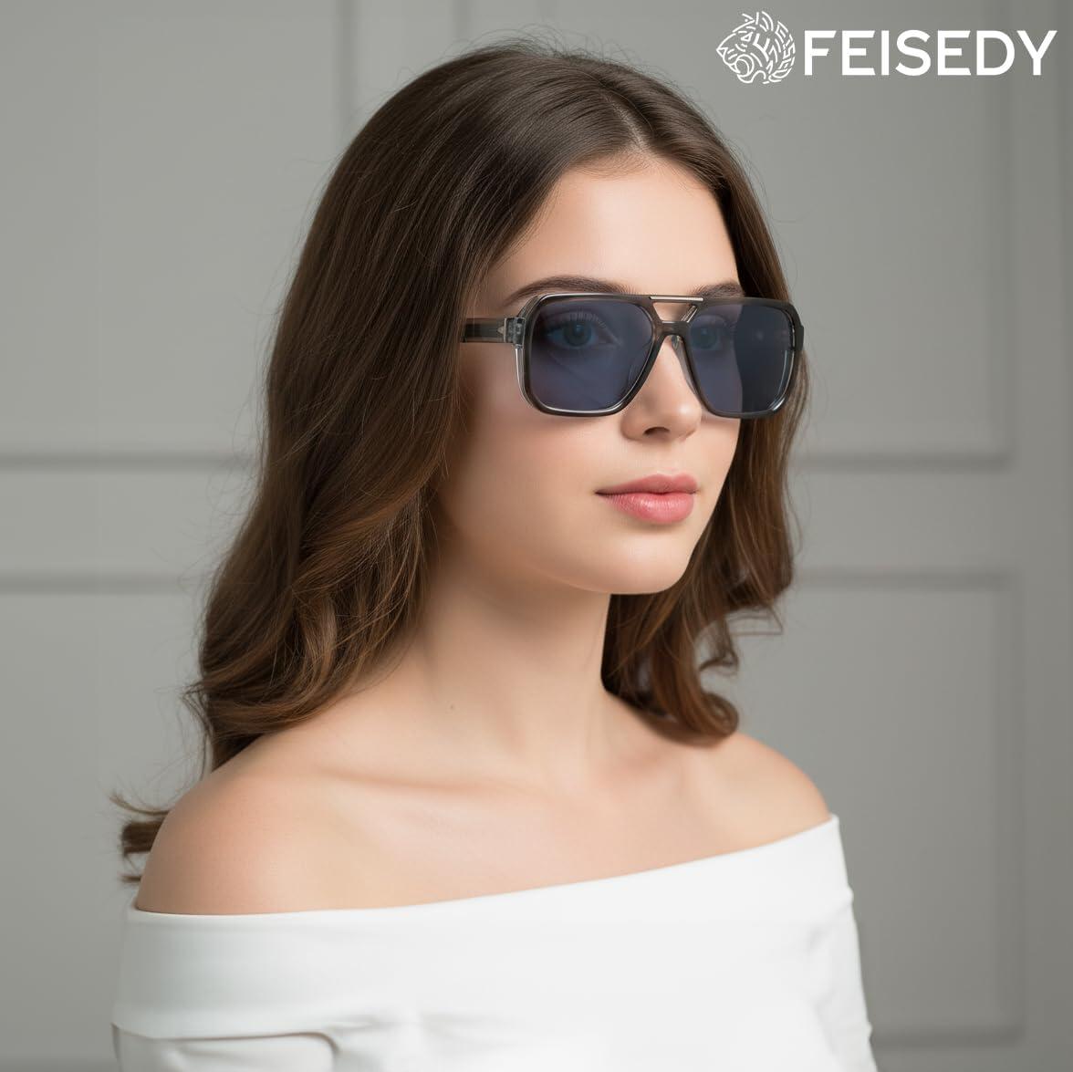 image:imageFEISEDY Retro Aviator Sunglasses for Men WomenTrendy Rectangle 70s Vintage Square Shades Large Pilot Sun Glasses B0390GreyBlue