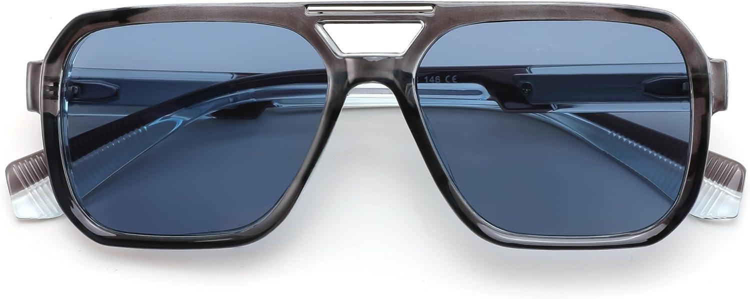 image:imageFEISEDY Retro Aviator Sunglasses for Men WomenTrendy Rectangle 70s Vintage Square Shades Large Pilot Sun Glasses B0390GreyBlue