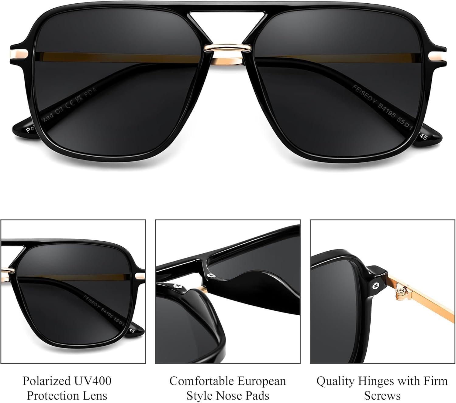 image:imageFEISEDY Retro Square Aviator Sunglasses for Women amp Men Polarized Lens Classic Double Bridge Frame Shades B4195BlackGrey