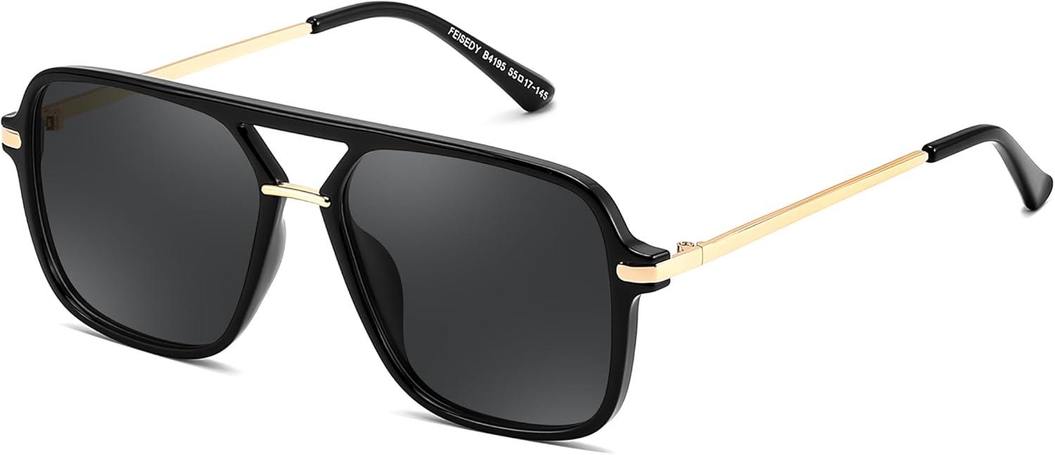 image:imageFEISEDY Retro Square Aviator Sunglasses for Women amp Men Polarized Lens Classic Double Bridge Frame Shades B4195BlackGrey