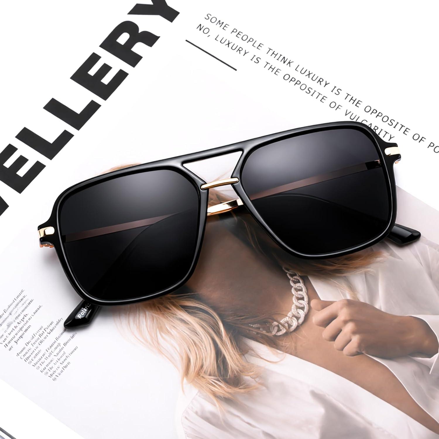 image:imageFEISEDY Retro Square Aviator Sunglasses for Women amp Men Polarized Lens Classic Double Bridge Frame Shades B4195BlackGrey