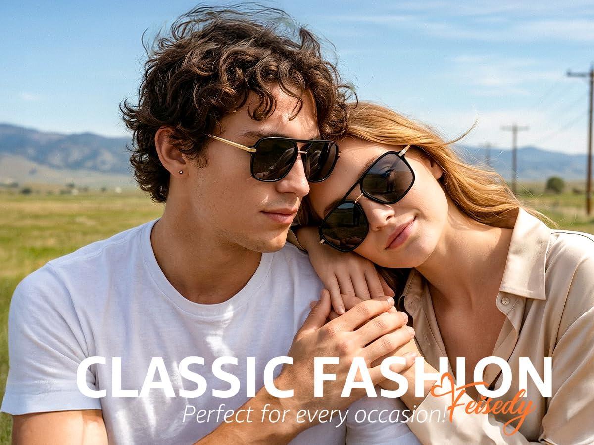image:imageFEISEDY Retro Square Aviator Sunglasses for Women amp Men Polarized Lens Classic Double Bridge Frame Shades B4195BlackGrey