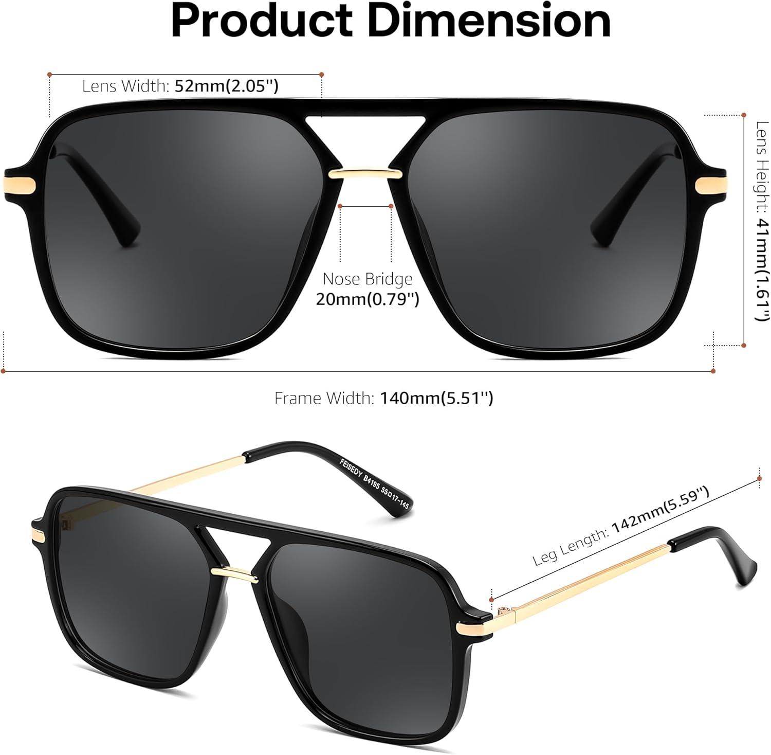 image:imageFEISEDY Retro Square Aviator Sunglasses for Women amp Men Polarized Lens Classic Double Bridge Frame Shades B4195BlackGrey