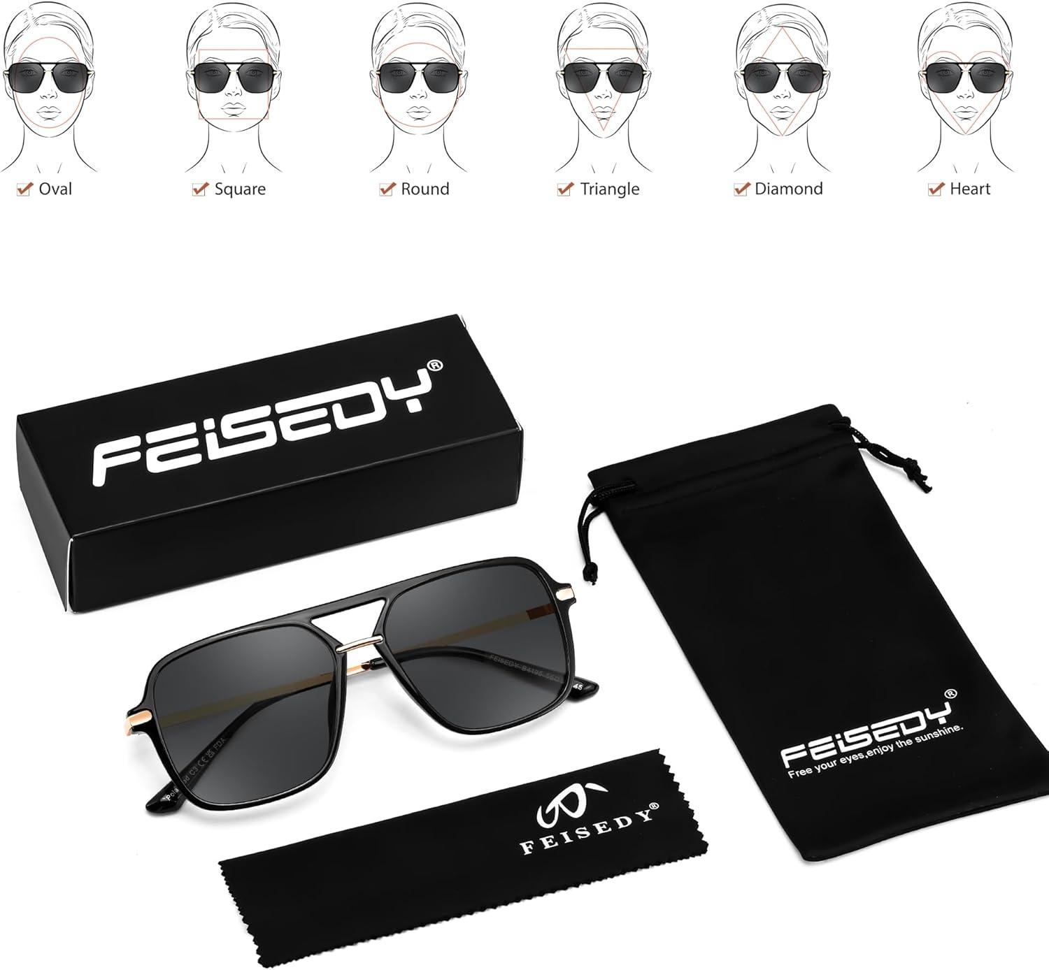 image:imageFEISEDY Retro Square Aviator Sunglasses for Women amp Men Polarized Lens Classic Double Bridge Frame Shades B4195BlackGrey