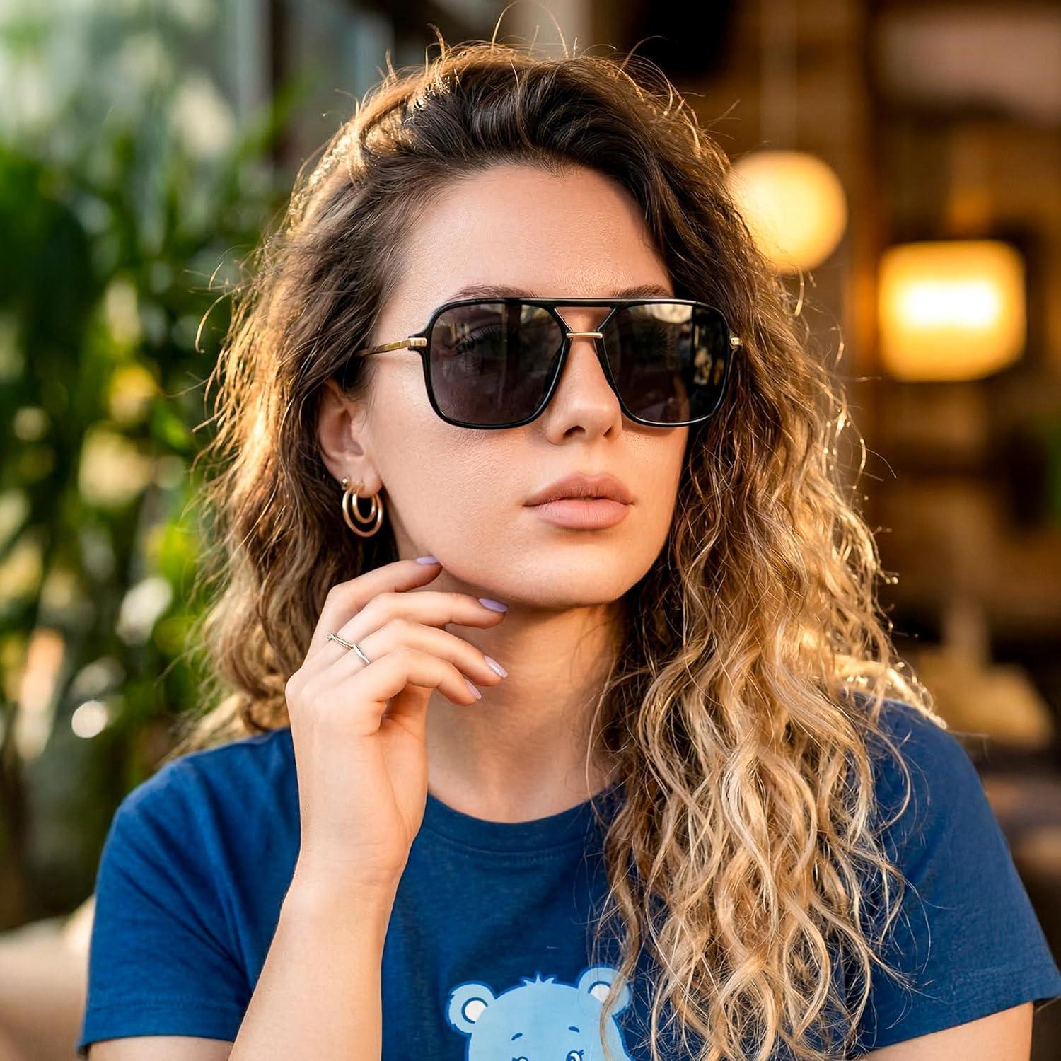 image:imageFEISEDY Retro Square Aviator Sunglasses for Women amp Men Polarized Lens Classic Double Bridge Frame Shades B4195BlackGrey