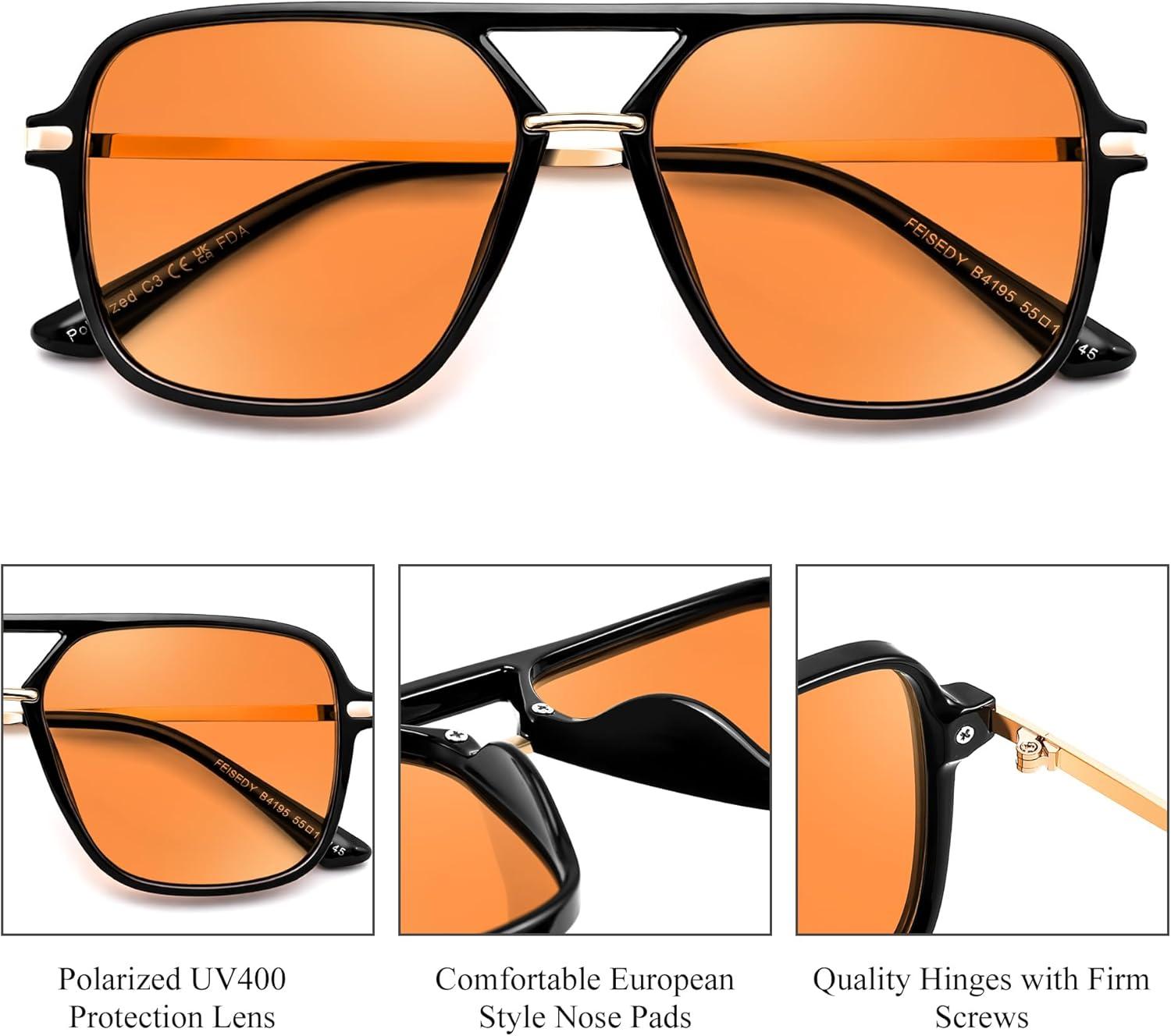 image:imageFEISEDY Retro Square Aviator Sunglasses for Women amp Men Polarized Lens Classic Double Bridge Frame Shades B4195BlackOrange