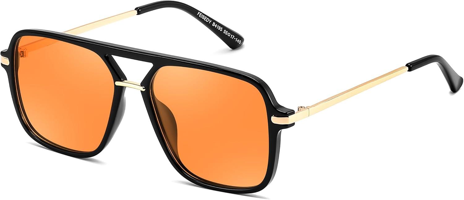 image:imageFEISEDY Retro Square Aviator Sunglasses for Women amp Men Polarized Lens Classic Double Bridge Frame Shades B4195BlackOrange