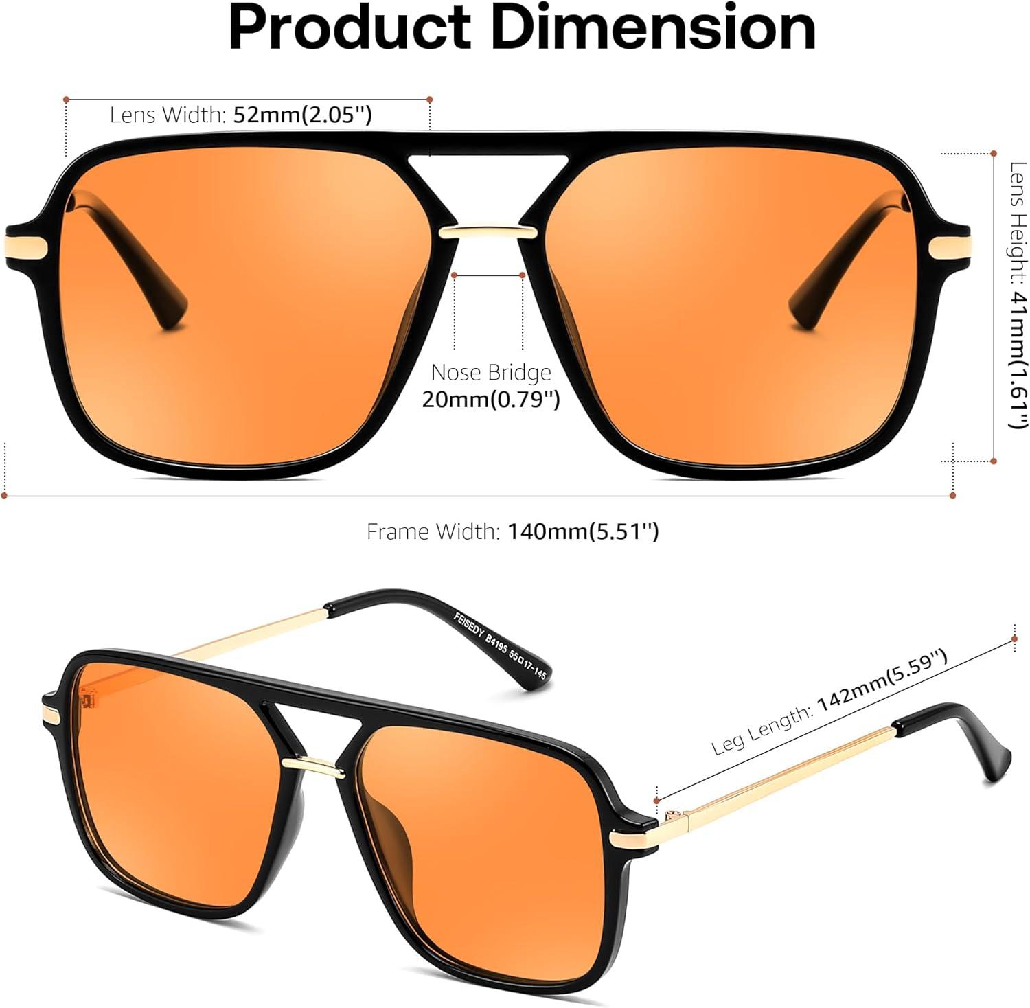 image:imageFEISEDY Retro Square Aviator Sunglasses for Women amp Men Polarized Lens Classic Double Bridge Frame Shades B4195BlackOrange