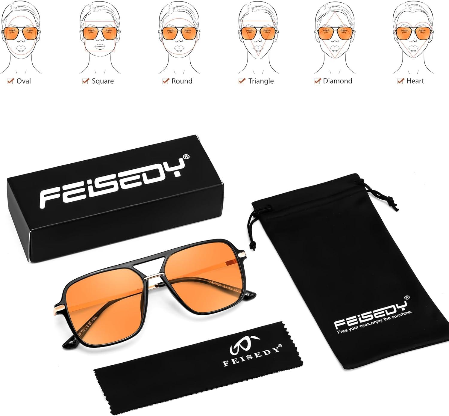 image:imageFEISEDY Retro Square Aviator Sunglasses for Women amp Men Polarized Lens Classic Double Bridge Frame Shades B4195BlackOrange