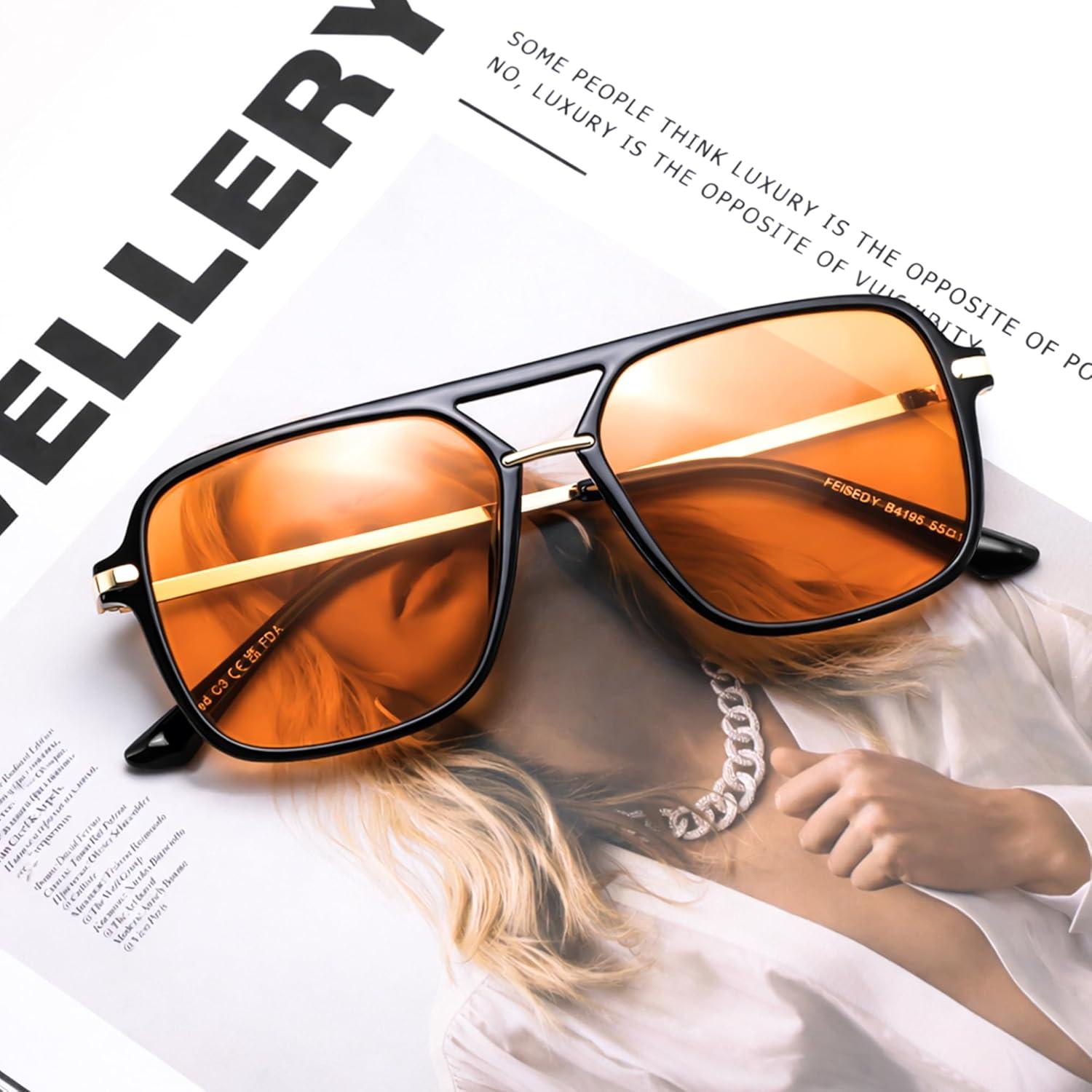 image:imageFEISEDY Retro Square Aviator Sunglasses for Women amp Men Polarized Lens Classic Double Bridge Frame Shades B4195BlackOrange