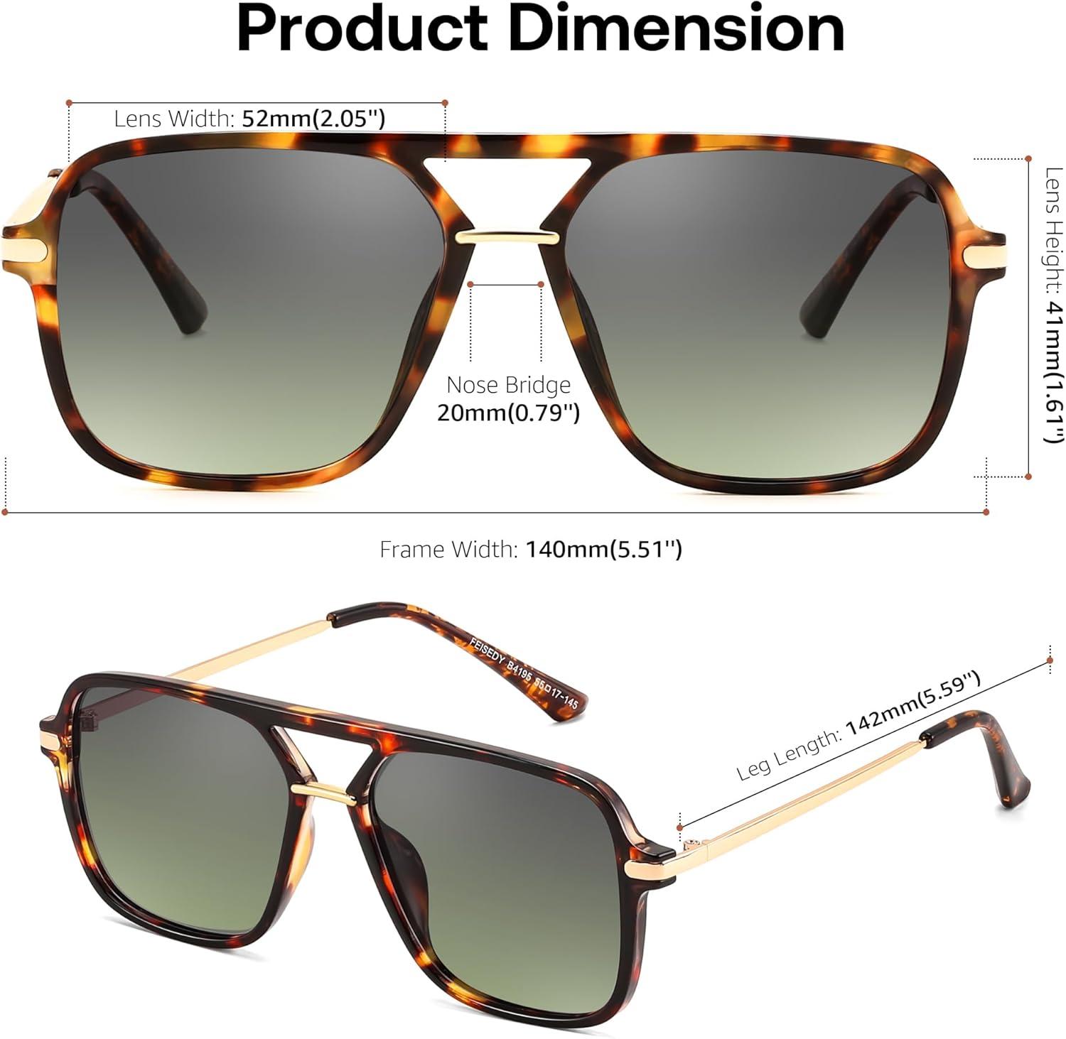 image:imageFEISEDY Retro Square Aviator Sunglasses for Women amp Men Polarized Lens Classic Double Bridge Frame Shades B4195Yellow TortoiseGrey Green