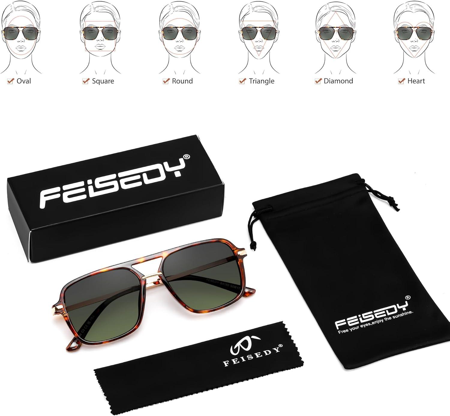 image:imageFEISEDY Retro Square Aviator Sunglasses for Women amp Men Polarized Lens Classic Double Bridge Frame Shades B4195Yellow TortoiseGrey Green
