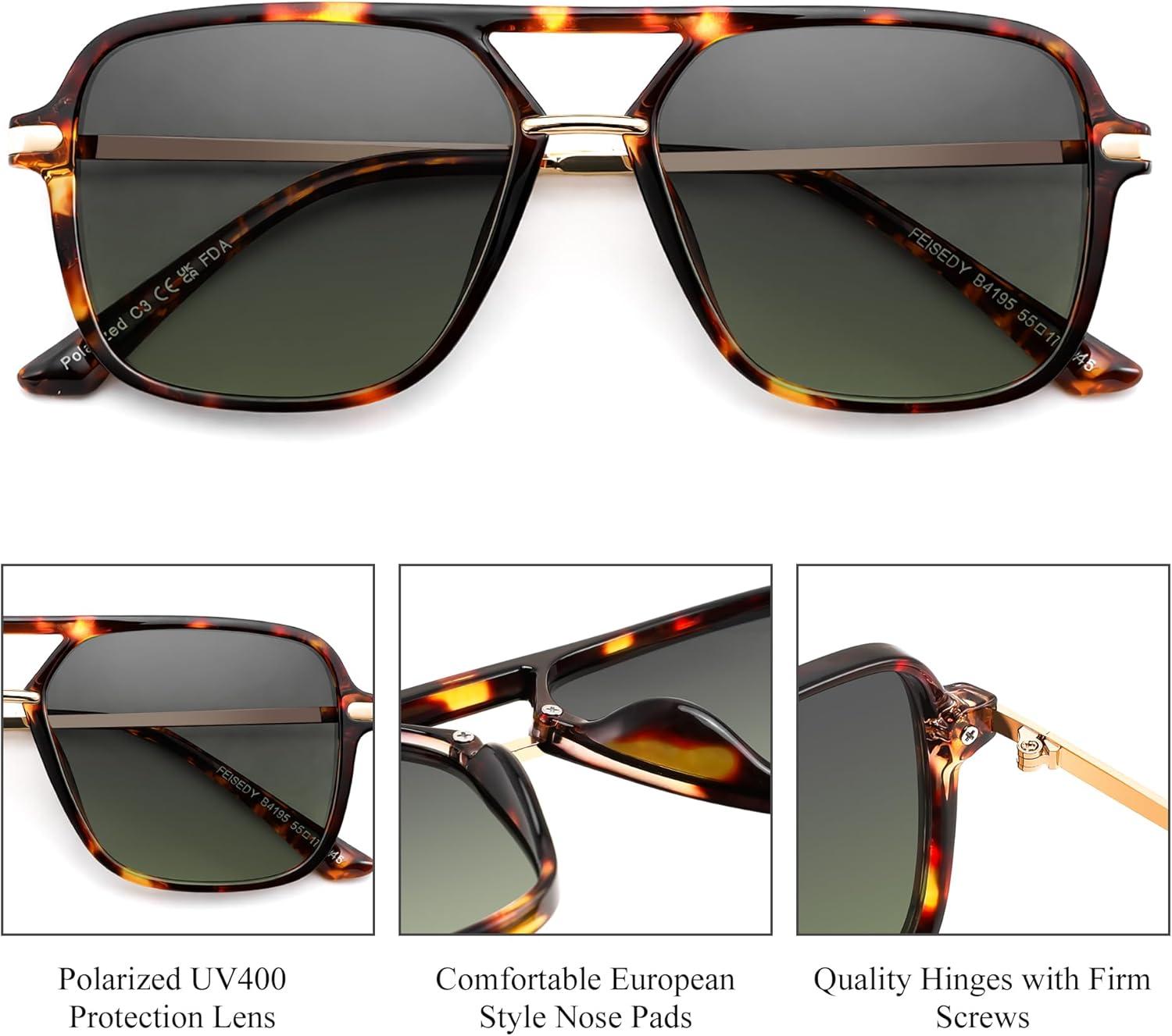 image:imageFEISEDY Retro Square Aviator Sunglasses for Women amp Men Polarized Lens Classic Double Bridge Frame Shades B4195Yellow TortoiseGrey Green