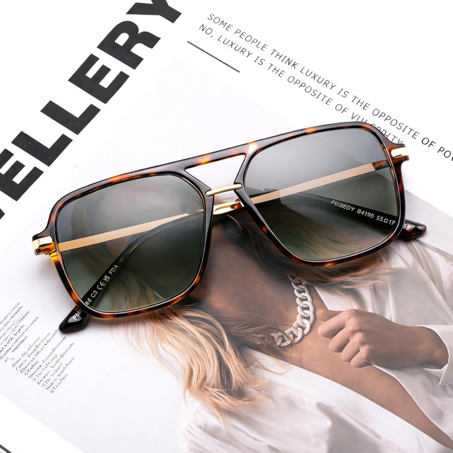 image:imageFEISEDY Retro Square Aviator Sunglasses for Women amp Men Polarized Lens Classic Double Bridge Frame Shades B4195Yellow TortoiseGrey Green