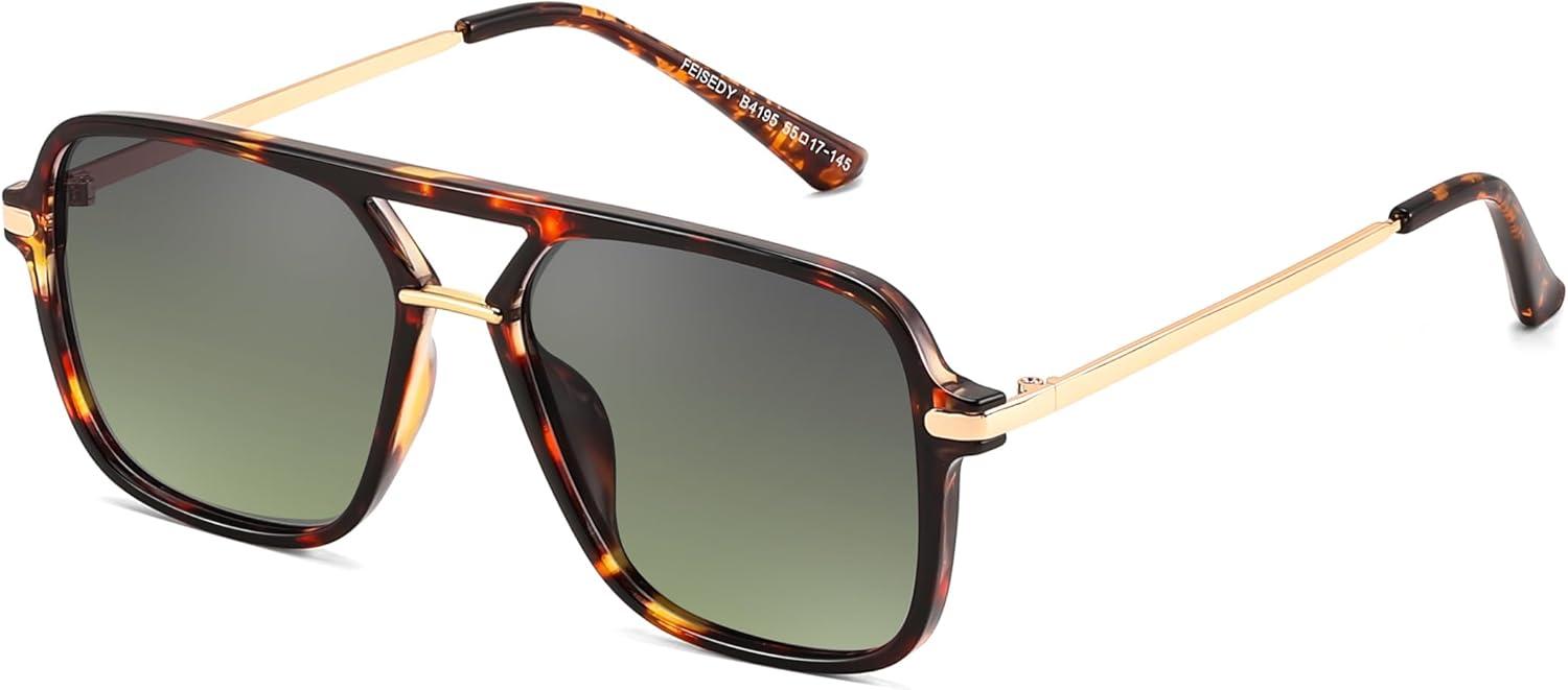image:imageFEISEDY Retro Square Aviator Sunglasses for Women amp Men Polarized Lens Classic Double Bridge Frame Shades B4195Yellow TortoiseGrey Green