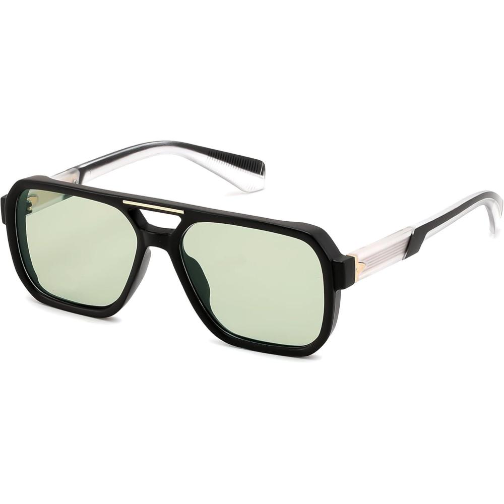 image:imageFEISEDY Retro Aviator Sunglasses for Men WomenTrendy Rectangle 70s Vintage Square Shades Large Pilot Sun Glasses B0390BlackGreen