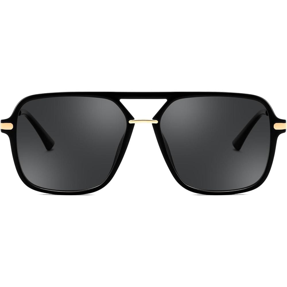image:imageFEISEDY Retro Square Aviator Sunglasses for Women amp Men Polarized Lens Classic Double Bridge Frame Shades B4195BlackGrey