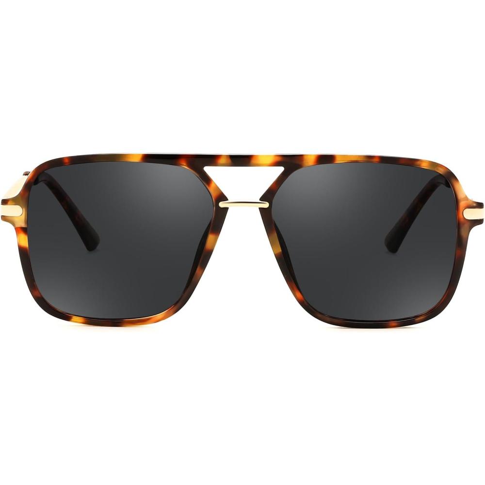 image:imageFEISEDY Retro Square Aviator Sunglasses for Women amp Men Polarized Lens Classic Double Bridge Frame Shades B4195TortoiseGrey