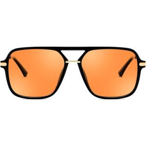 FEISEDY Retro Square Aviator Sunglasses for Women & Men, Polarized Lens, Classic Double Bridge Frame Shades B4195(Black/Orange)