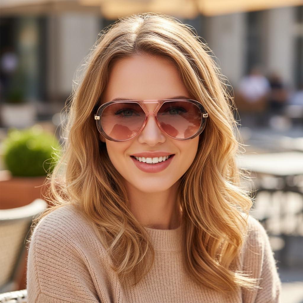 image:imageFEISEDY Retro Aviator Sunglasses for Women Men Vintage Trendy Metal 70s Aviators Sun Glasses B0405Grey Pink Frame Gradient Brown Lens