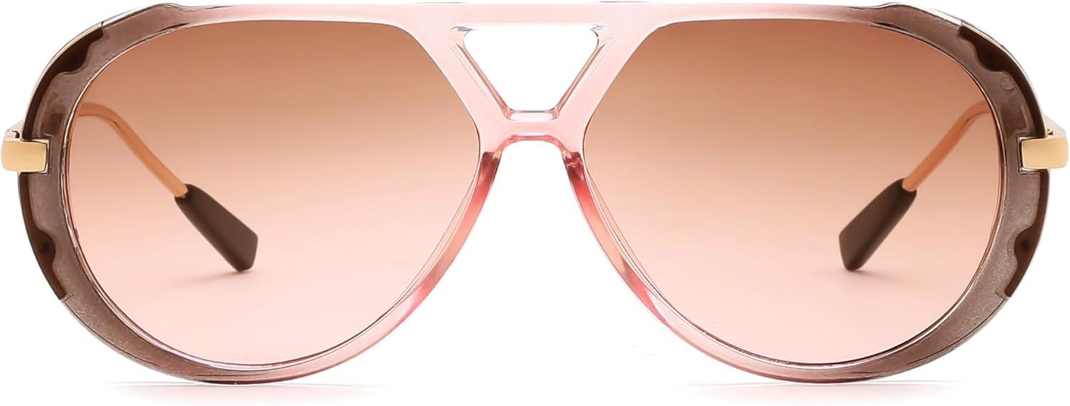 image:imageFEISEDY Retro Aviator Sunglasses for Women Men Vintage Trendy Metal 70s Aviators Sun Glasses B0405Grey Pink Frame Gradient Brown Lens