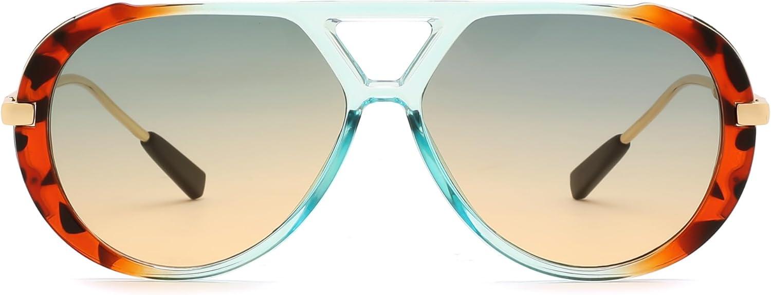 image:imageFEISEDY Retro Aviator Sunglasses for Women Men Vintage Trendy Metal 70s Aviators Sun Glasses B0405Leopard Frame  Gradient Blue Lens