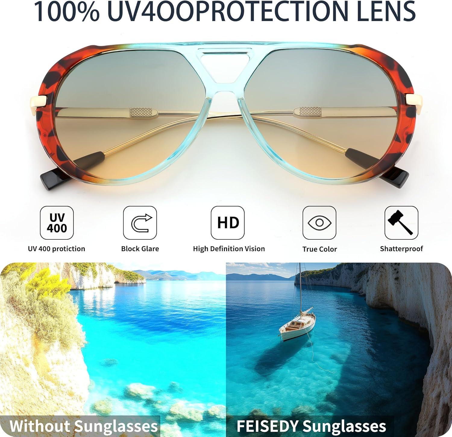 image:imageFEISEDY Retro Aviator Sunglasses for Women Men Vintage Trendy Metal 70s Aviators Sun Glasses B0405Leopard Frame  Gradient Blue Lens