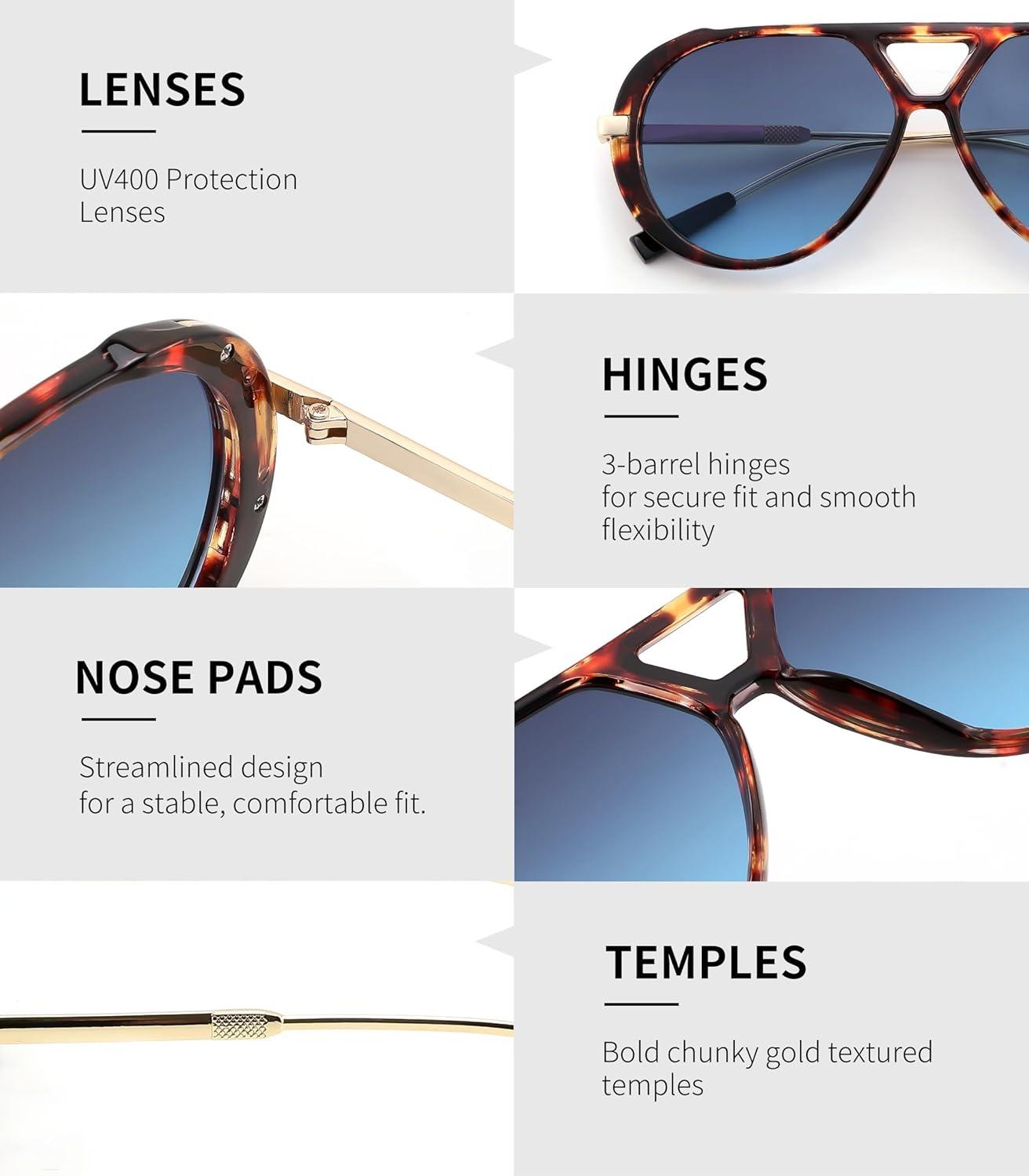 image:imageFEISEDY Retro Aviator Sunglasses for Women Men Vintage Trendy Metal 70s Aviators Sun Glasses B0405Tortoise Frame Blue Lens