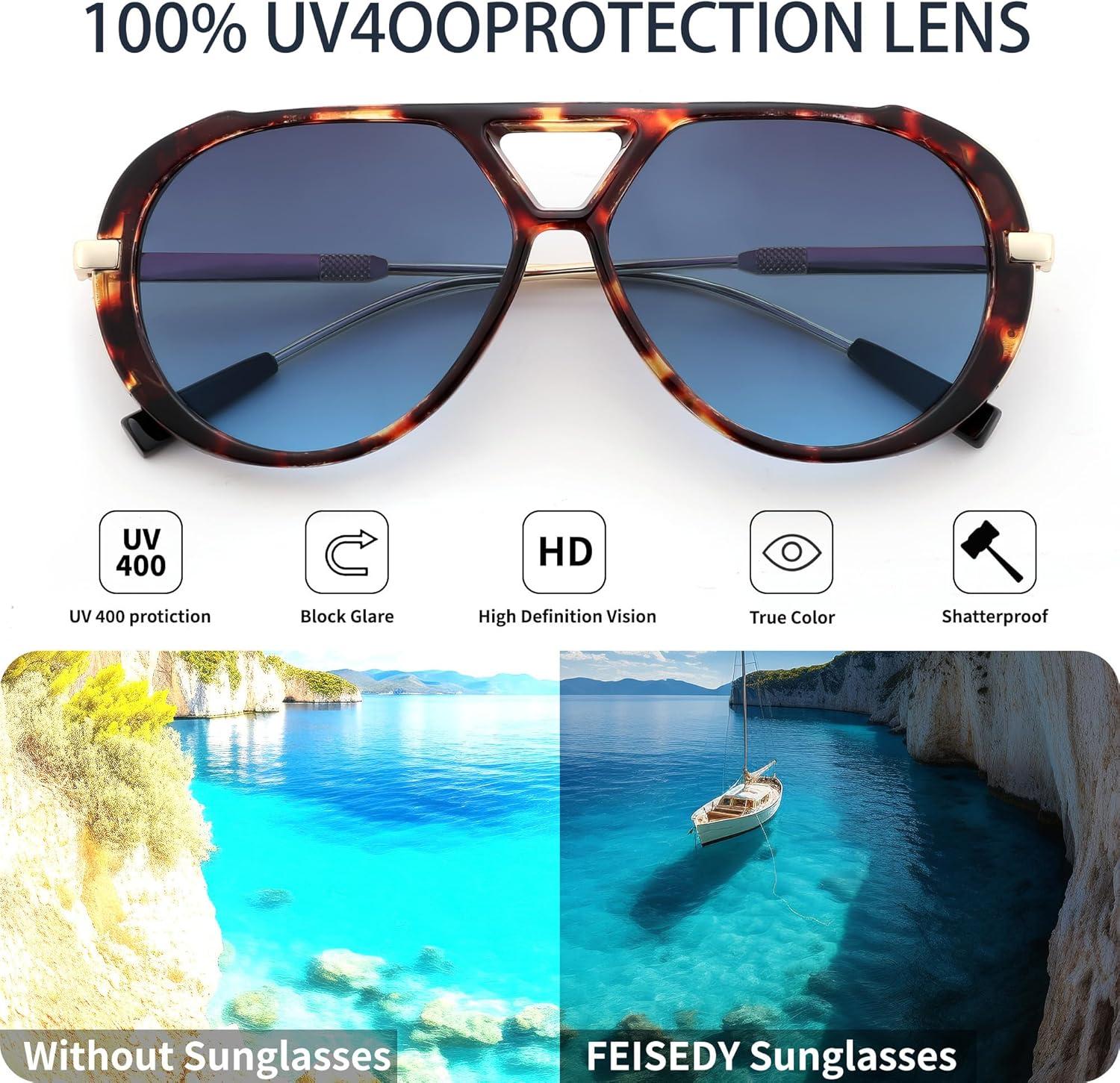 image:imageFEISEDY Retro Aviator Sunglasses for Women Men Vintage Trendy Metal 70s Aviators Sun Glasses B0405Tortoise Frame Blue Lens
