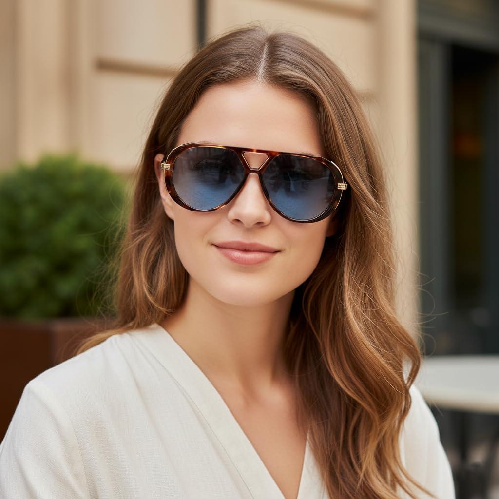 image:imageFEISEDY Retro Aviator Sunglasses for Women Men Vintage Trendy Metal 70s Aviators Sun Glasses B0405Tortoise Frame Blue Lens
