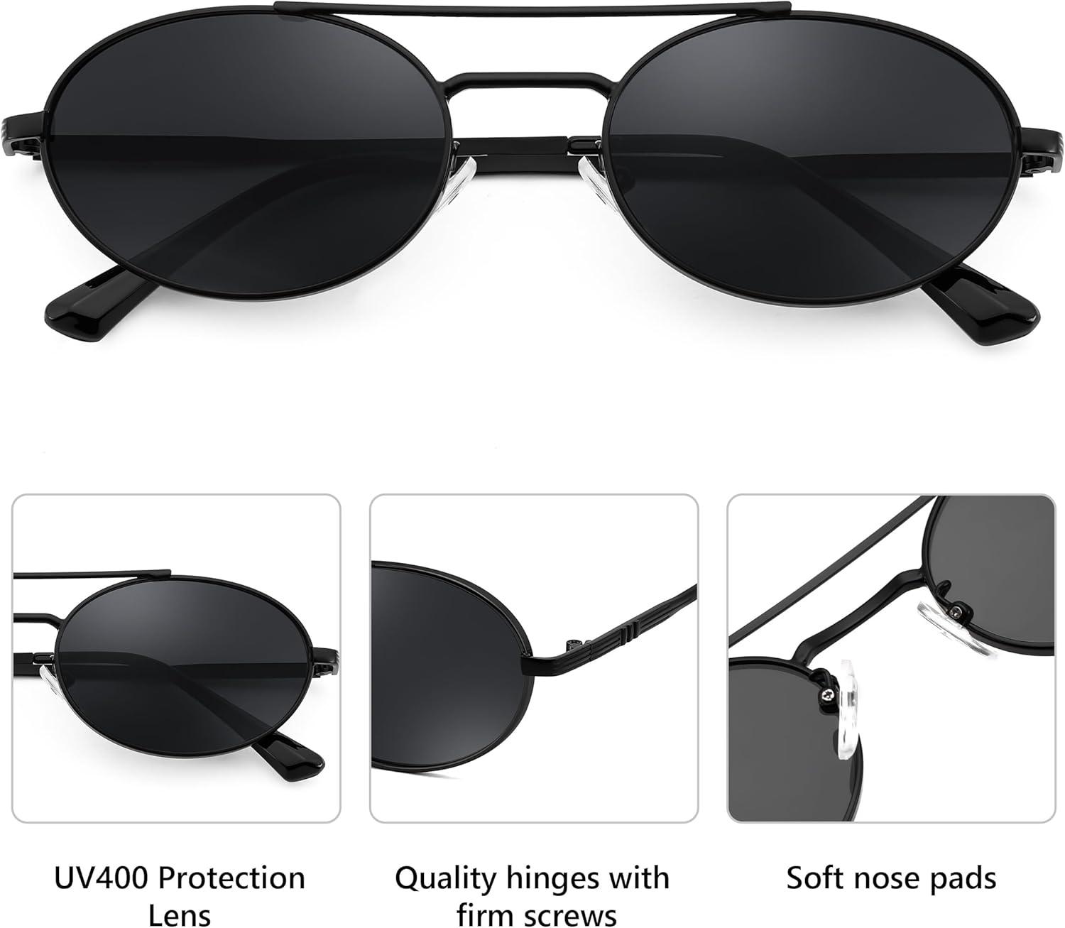 image:imageFEISEDY Retro Oval 90s Metal Sunglasses for Women Trendy Narrow Sun Glasses Fashion Shades B4183Black FrameGrey Lens