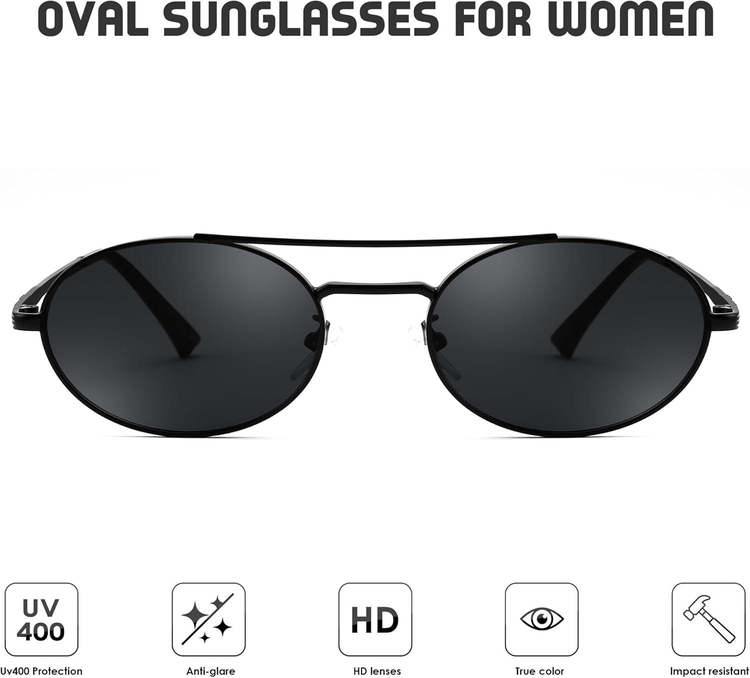 image:imageFEISEDY Retro Oval 90s Metal Sunglasses for Women Trendy Narrow Sun Glasses Fashion Shades B4183Black FrameGrey Lens