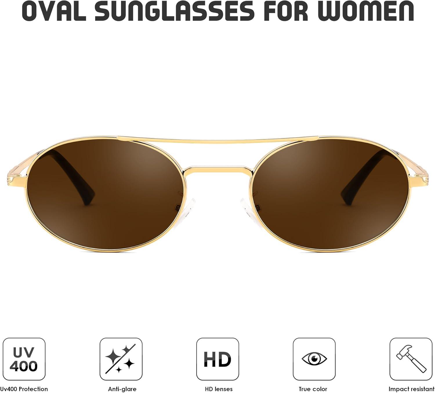 image:imageFEISEDY Retro Oval 90s Metal Sunglasses for Women Trendy Narrow Sun Glasses Fashion Shades B4183Gold FrameBrown Lens