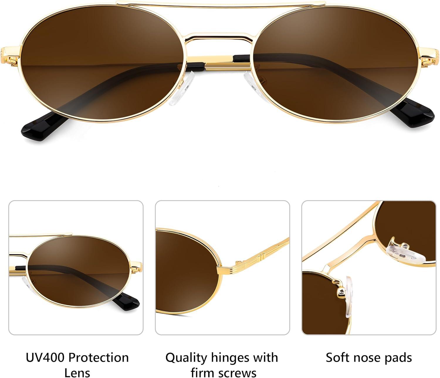 image:imageFEISEDY Retro Oval 90s Metal Sunglasses for Women Trendy Narrow Sun Glasses Fashion Shades B4183Gold FrameBrown Lens