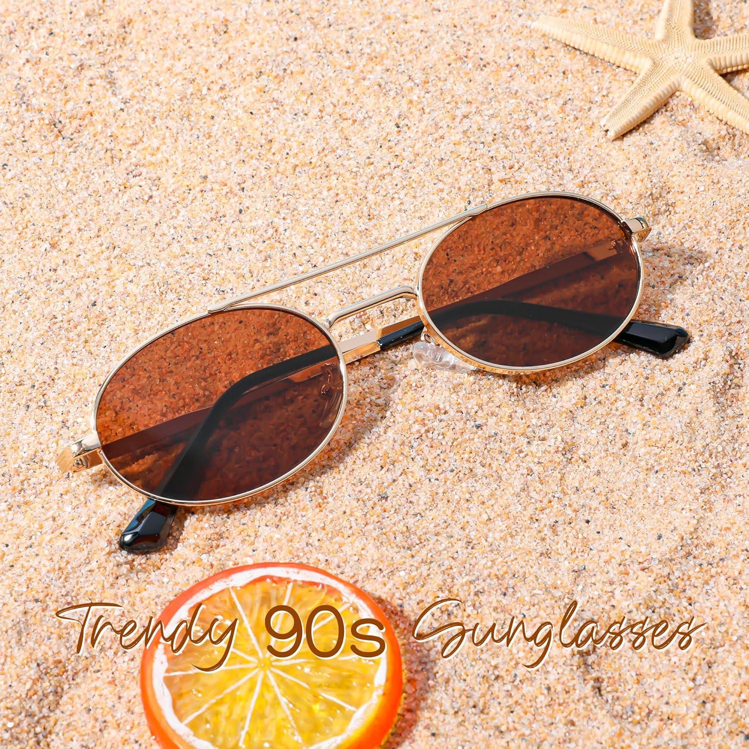 image:imageFEISEDY Retro Oval 90s Metal Sunglasses for Women Trendy Narrow Sun Glasses Fashion Shades B4183Gold FrameBrown Lens
