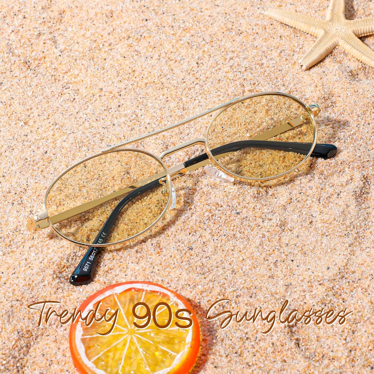 image:imageFEISEDY Retro Oval 90s Metal Sunglasses for Women Trendy Narrow Sun Glasses Fashion Shades B4183Gold FrameGreen Lens