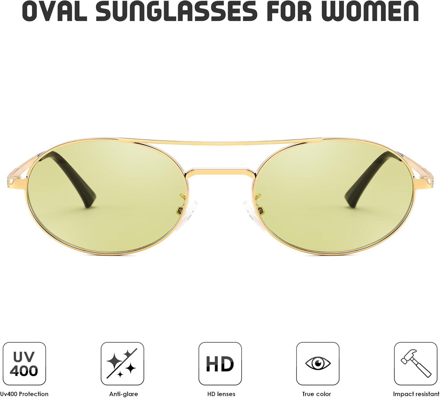 image:imageFEISEDY Retro Oval 90s Metal Sunglasses for Women Trendy Narrow Sun Glasses Fashion Shades B4183Gold FrameGreen Lens