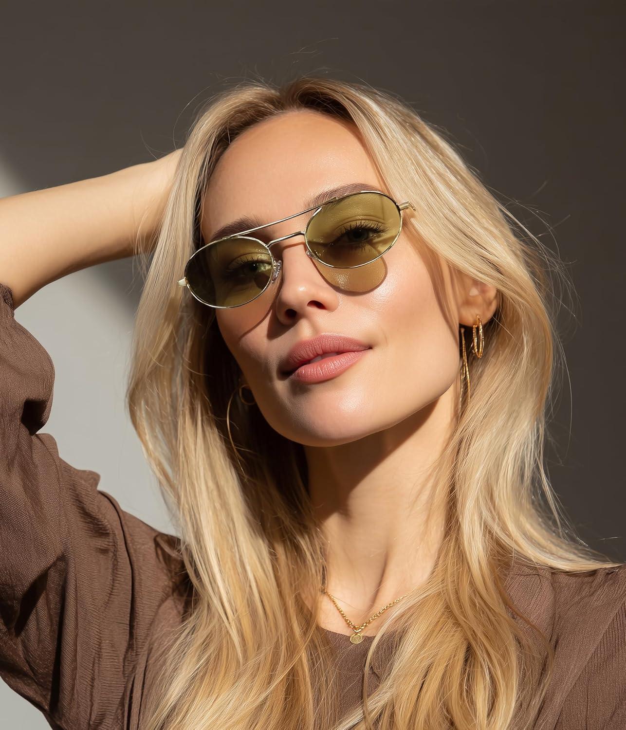image:imageFEISEDY Retro Oval 90s Metal Sunglasses for Women Trendy Narrow Sun Glasses Fashion Shades B4183Gold FrameGreen Lens