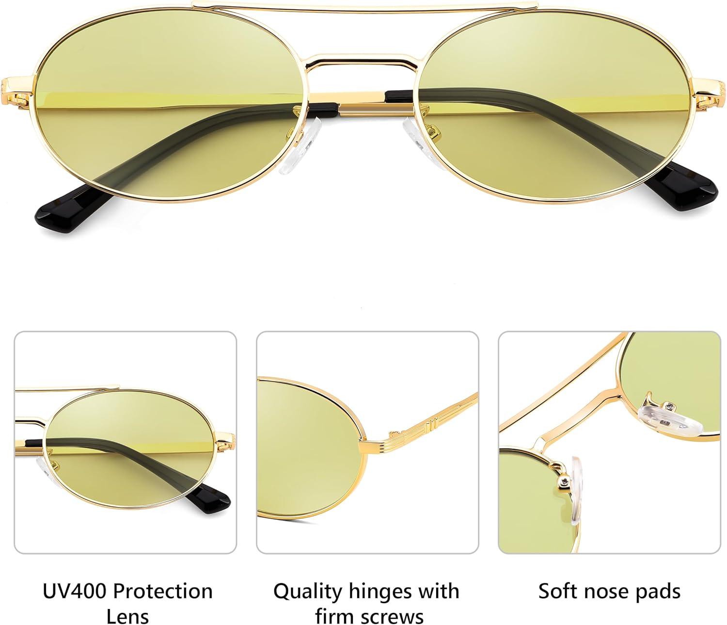 image:imageFEISEDY Retro Oval 90s Metal Sunglasses for Women Trendy Narrow Sun Glasses Fashion Shades B4183Gold FrameGreen Lens