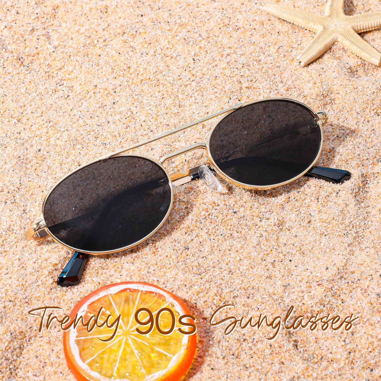 image:imageFEISEDY Retro Oval 90s Metal Sunglasses for Women Trendy Narrow Sun Glasses Fashion Shades B4183Gold FrameGrey Lens
