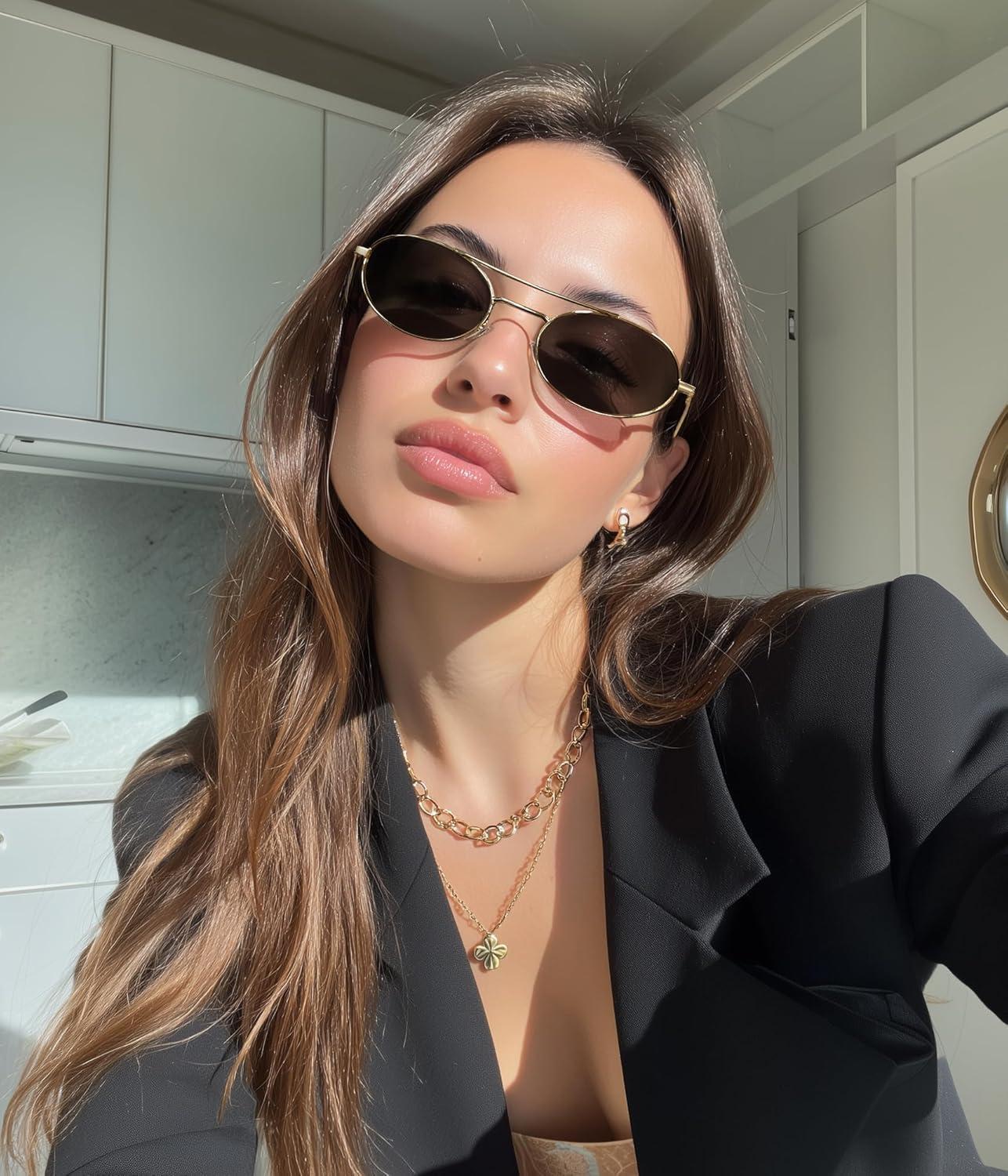 image:imageFEISEDY Retro Oval 90s Metal Sunglasses for Women Trendy Narrow Sun Glasses Fashion Shades B4183Gold FrameGrey Lens