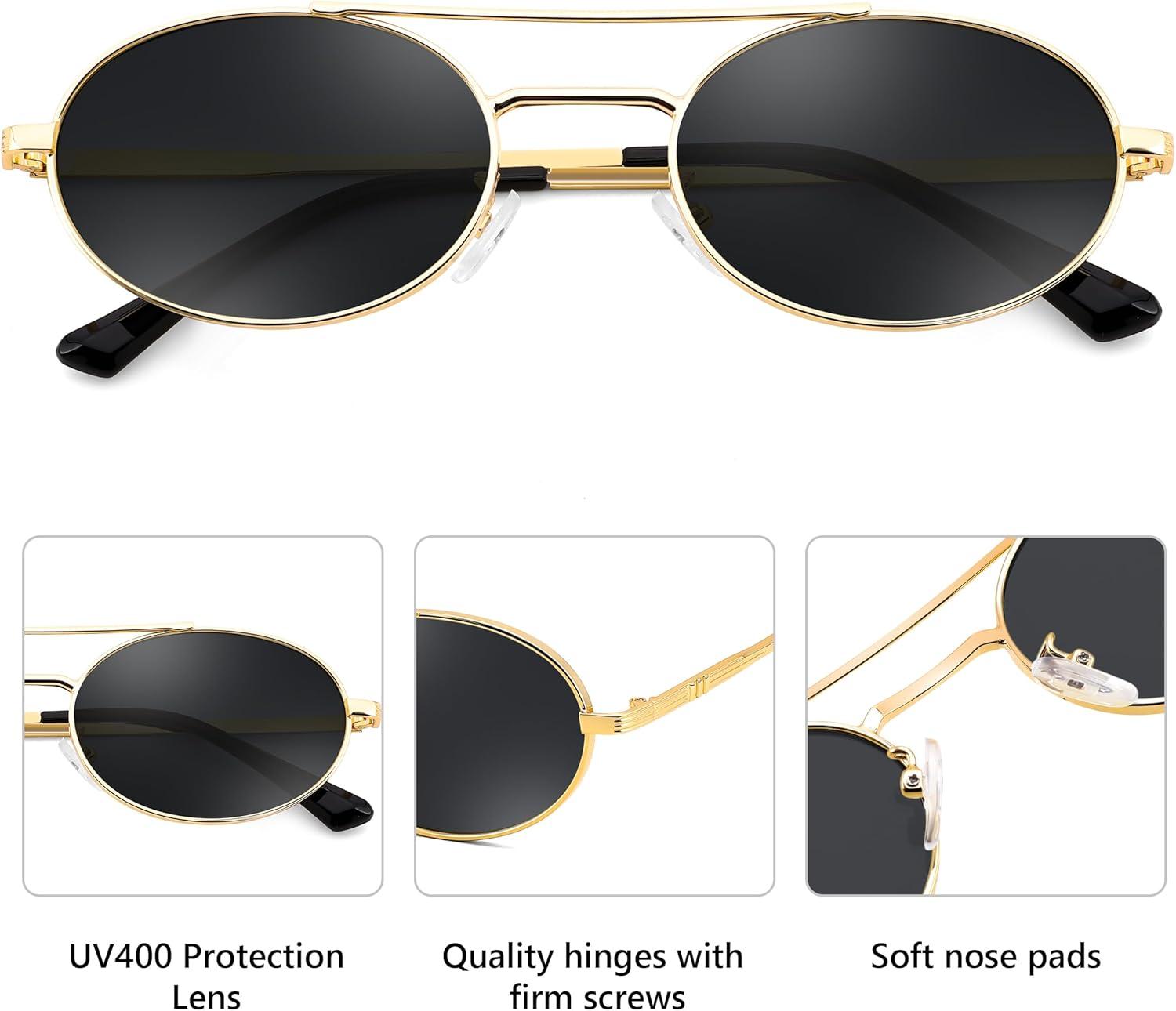 image:imageFEISEDY Retro Oval 90s Metal Sunglasses for Women Trendy Narrow Sun Glasses Fashion Shades B4183Gold FrameGrey Lens