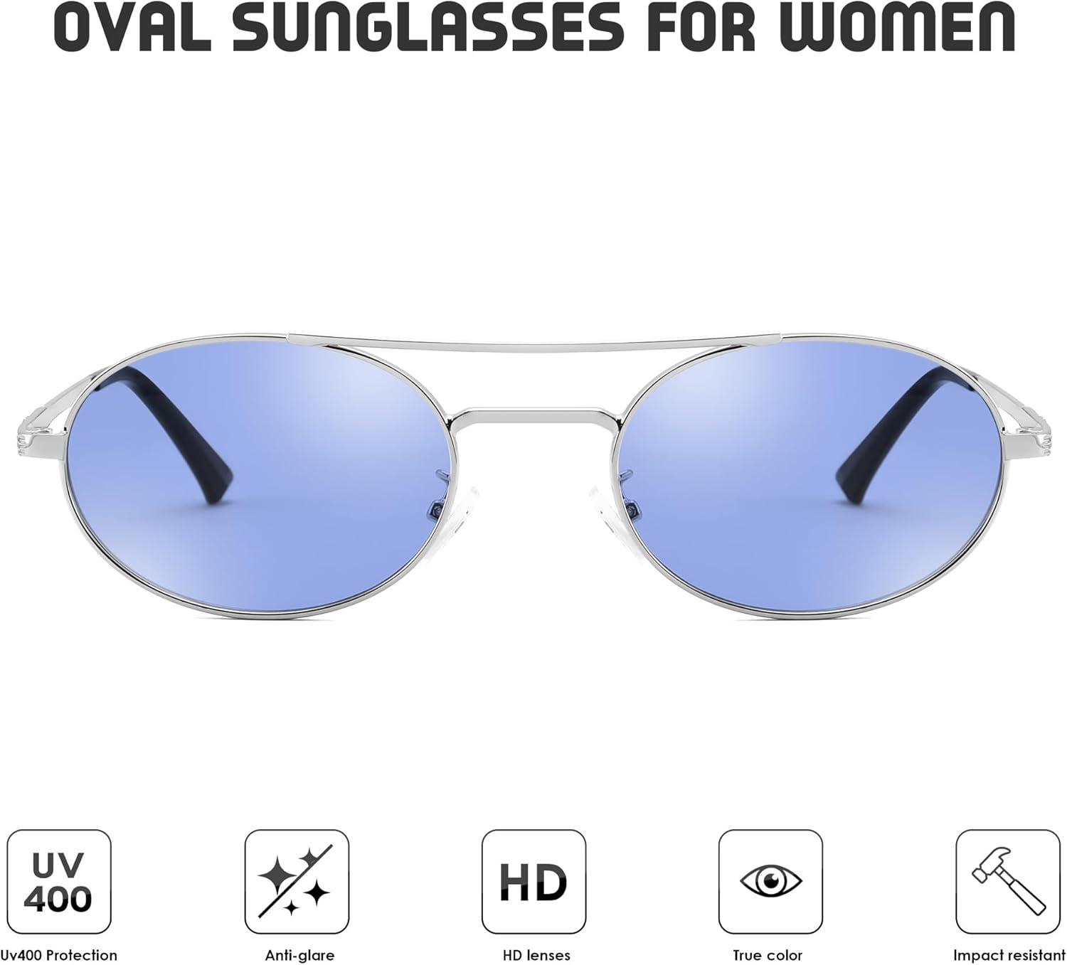 image:imageFEISEDY Retro Oval 90s Metal Sunglasses for Women Trendy Narrow Sun Glasses Fashion Shades B4183Sliver FrameBlue Lens