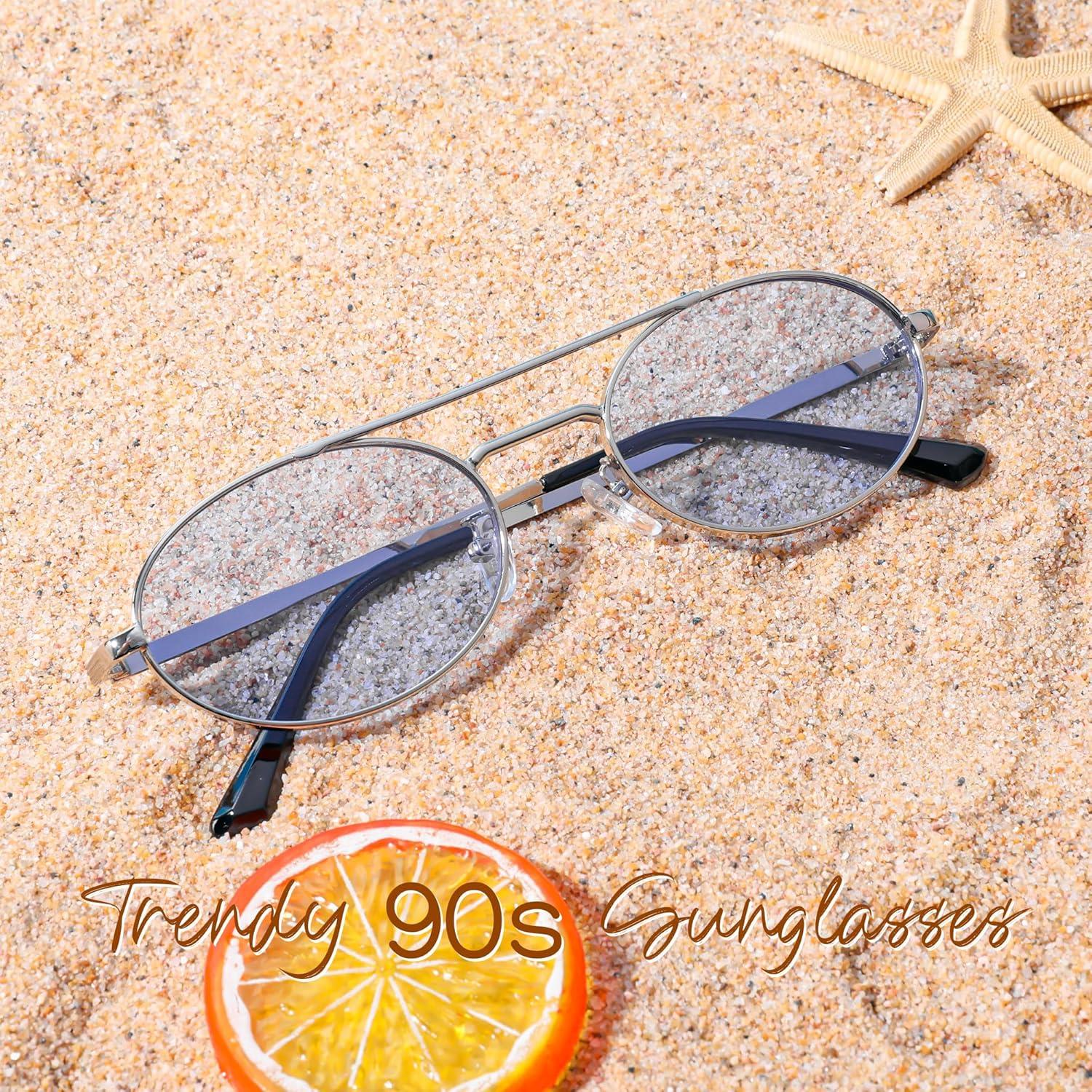 image:imageFEISEDY Retro Oval 90s Metal Sunglasses for Women Trendy Narrow Sun Glasses Fashion Shades B4183Sliver FrameBlue Lens