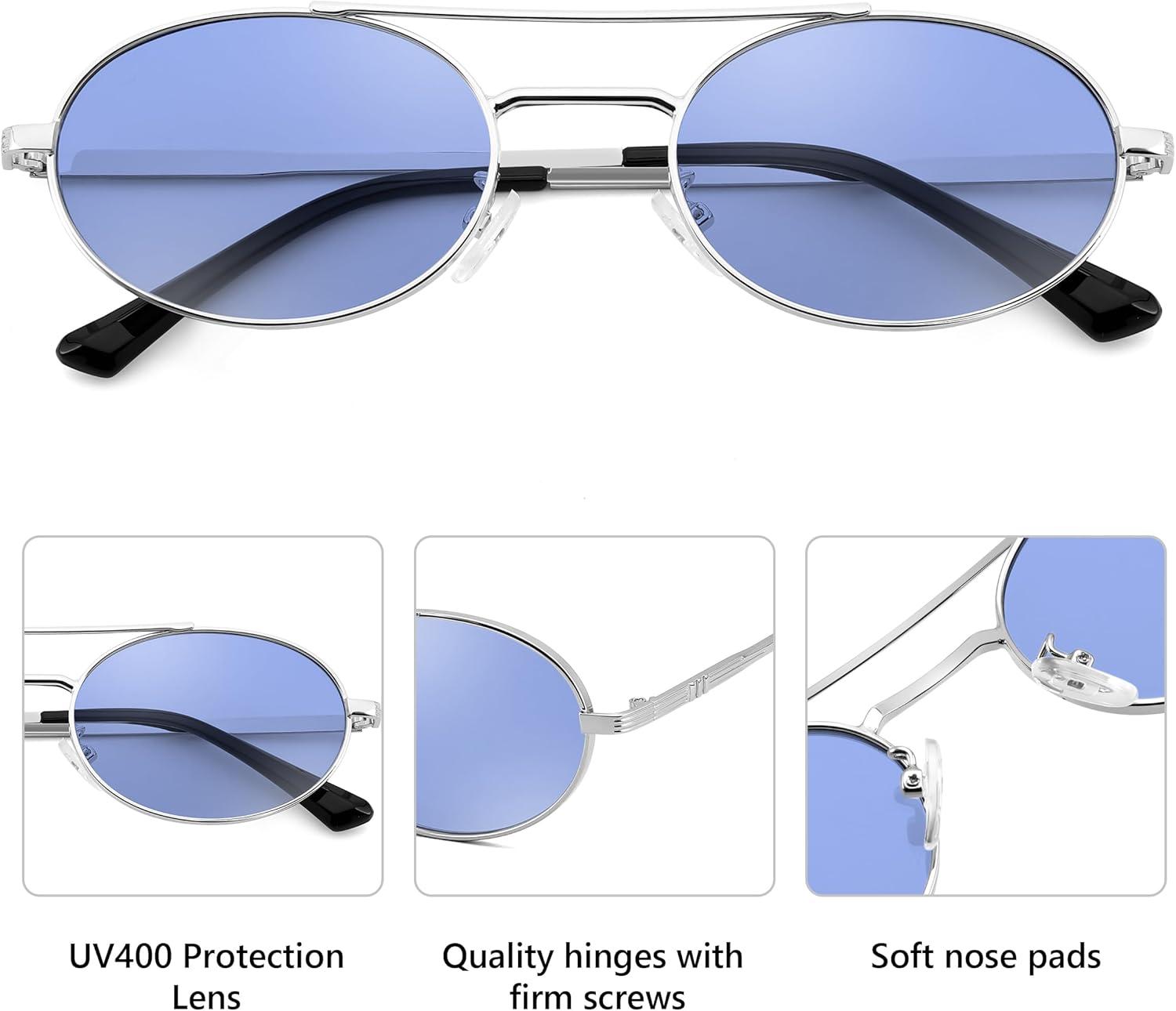 image:imageFEISEDY Retro Oval 90s Metal Sunglasses for Women Trendy Narrow Sun Glasses Fashion Shades B4183Sliver FrameBlue Lens