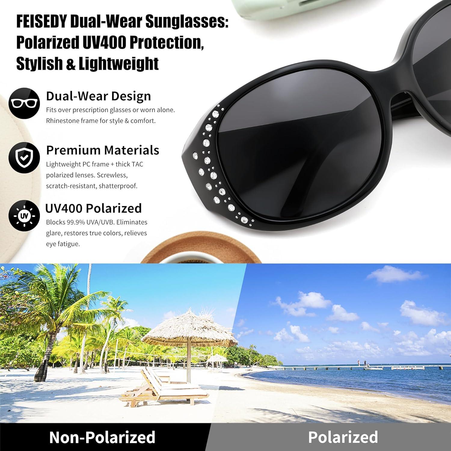 image:imageFEISEDY Womens Polarized WrapAround Fit Over Sunglasses with Rhinestones AntiGlare Driving Sun Glasses B0362BlackGrey